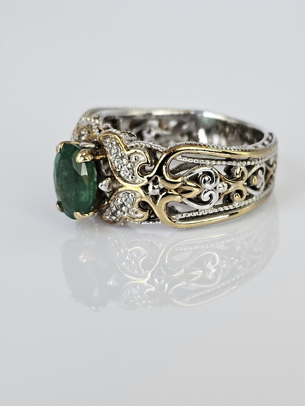 Rare Untreated Emerald & White Zircon Ring Palladium Sterling Silver 18k Sz 7! - Picture 2 of 8